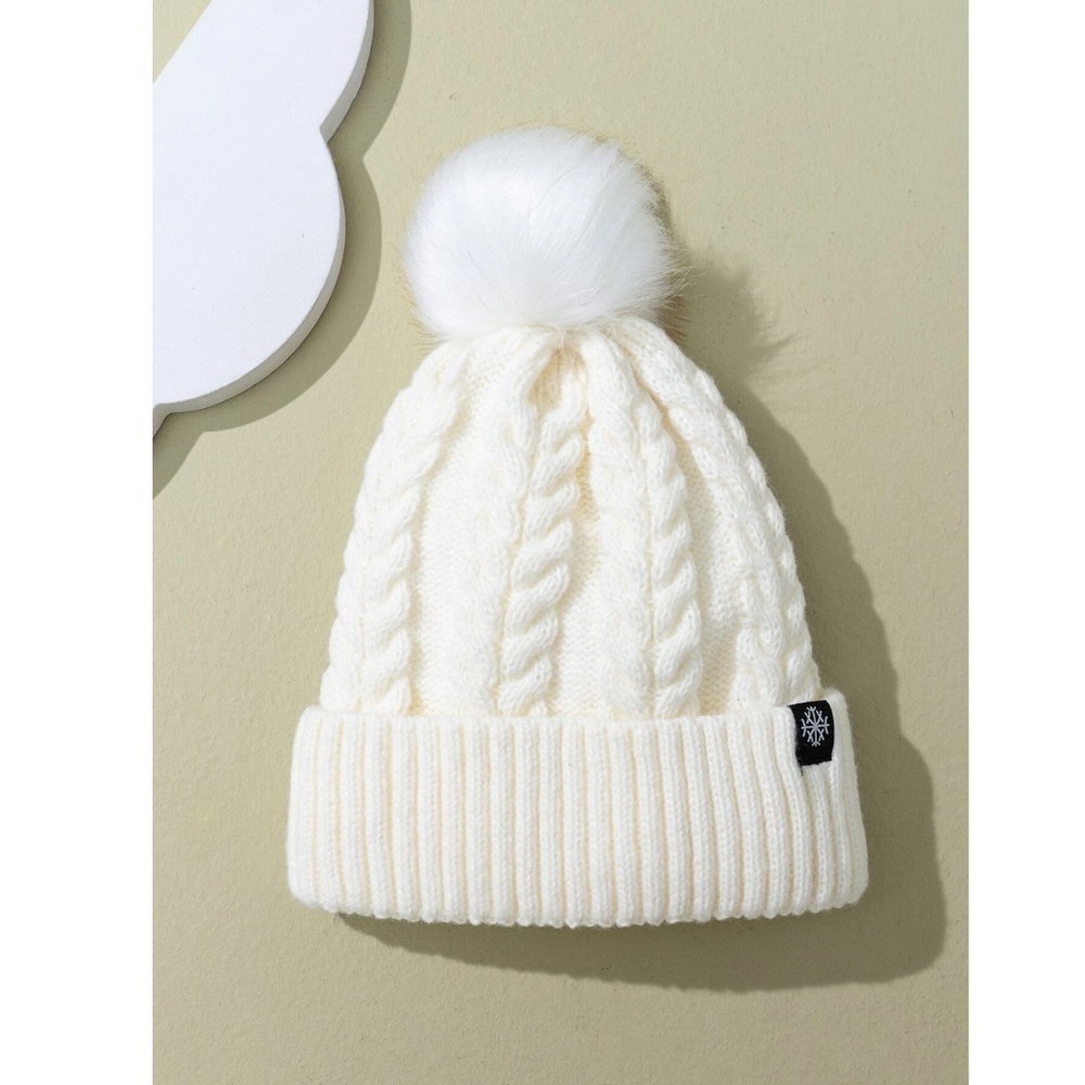 White Knit Beanie Hat Faux Fur Pom Pom